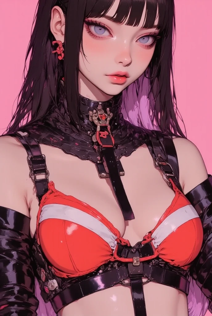 Cool women、sexy、Center of chest、Rize from Chainsaw Man、beauty、Yandere、、Face close-up、Kiss with your eyes closed、Chest tattoo、Red lace、necklace、