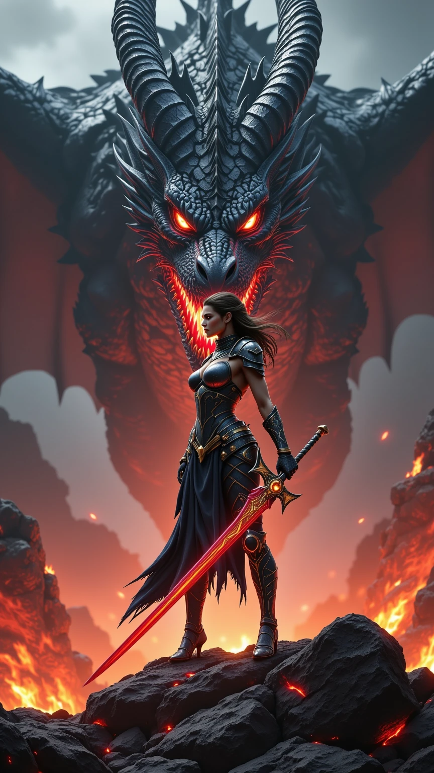 ((Best Quality)), ((Masterpiece)), ((Realistic)), ((Valkyrie)), Standing boldly before a roaring dragon's head, amidst a smoke-shrouded courtyard of a medieval fortress, due to the dragon's destructive flames shortly before the collapse stands. Debris and ash dance in the air as stray rays of moonlight find their way through the smoke into the courtyard, casting dramatic shadows. The Valkyrie, impressive in her detailed armour, her stance resolute, holds her sharp-forged spear ready to confront the dragon. Her helm reflects the flickering fire erupting from the dragon's head. Every piece of their armor and every element of their appearance speaks of their bravery and willingness to fight. The scorpion fish is a masterpiece in its own right, with bright, fierce eyes and sharp teeth protruding from its wide-open maw. Smoke and sparks rise from its nostrils, creating an ominous aura. Its mighty scales gleam in the dim moonlight, every detail testifying to its fearsome presence. The entire scene is lit by the flickering flames that eat away at the stonework of the once-proud fortress. One can clearly see the rough masonry, the cracks in the stones and the dust rising from the collapsing walls. Eye to eye, quaint, masterpiece