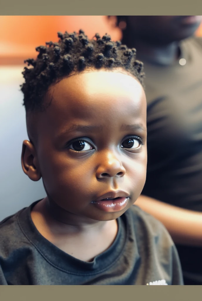 A little black guy with curly American hair, a little mustache and a little line on his eyebrow