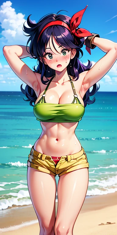 Masterpiece, best quality, 1girl, Yor briar, spy family x, neon Bikini, long hair, wide hips, busty, small waist, from front, taking a selfie at the beach , long hair