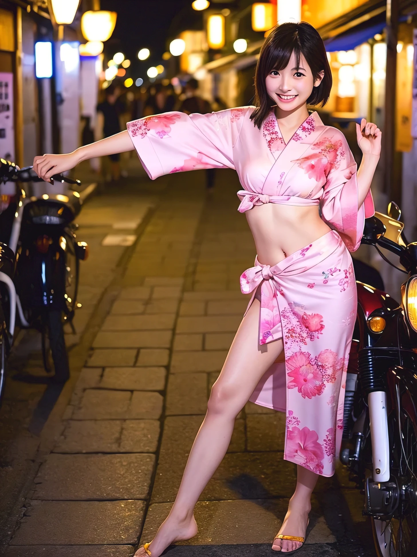 ((highest quality)), ((masterpiece)), (detailed), Perfect Face,One girl, wearing Pink kimono, Length 35cm above the knee、kimono,Pink kimono, Floral print, The audience watching,close,from_front:1.2,festival, yukata, Traditional Costume, Hair Ribbon, Sandals, Outdoor, Cityscape, smile,night, Colorful fireworks background,lanthanum, Colorful fireworks bursting into the sky:1.6, summer, Japanese Culture, [Cinema Lighting:0.8],Realistic:1.3, scenery, japanese festival, 街のscenery, Happy, joy, Festive mood. (masterpiece), (highest quality:1.2), Absurd, [:複雑なdetailed:0.2]、(((Pull down your panties、Skirt flip、No pants,Genitals are visible)))、