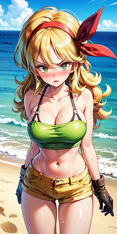(One Punch Man Tatsumaki, hyper realistic, age 17, beautiful detailed eyes, beautiful detailed lips, extremely detailed face and features, long eyelashes, sexy 2 piece bikini, yelling, angry expression, dynamic pose) (Saitama, pasty complexion, no shirt, swim trunks, looking confused, standing on beach), beach, ocean waves, golden sunset lighting, highly detailed, cinematic, photorealistic, masterpiece, vibrant colors