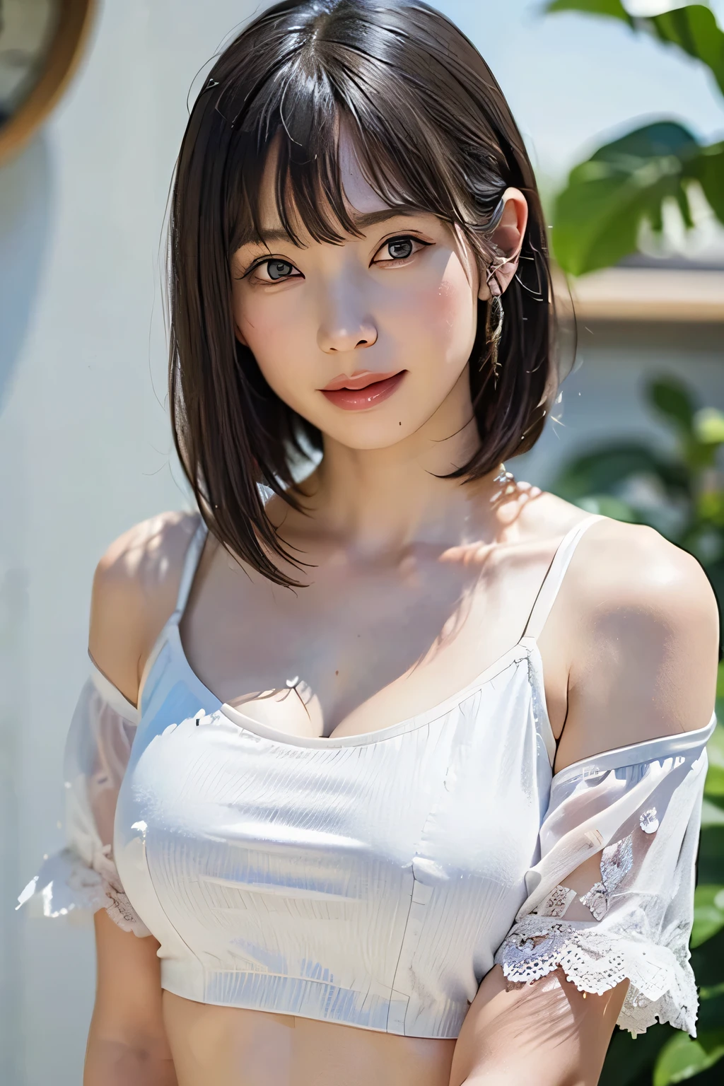 masterpiece, Best Quality, 8K, 1girl, Correct human hands, correct human fingers, 24 yo, face closeup, Cute, Girly, Delicate girl, Neat and clean beauty, medium breast, luminescence, Looking away, Raw photo, F/1.8, 135 mm, NIKON, Anatomically correct, bokeh，Textured skin, Professional Photography, Portrait, Soft light, Professional Lighting, back light, Film grain, (Eyes and faces with detailed:1.0), brown hair, short hair swaying in the wind, bangs, Silk shirt