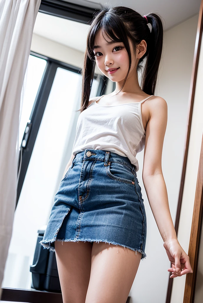 masterpiece, highest quality, 8K, 15 years old, japanese girl, thin, Raw photo, absurd, award-winning portraits, (詳New顔, smile), alone, idol face, super mini skirt, short socks, thin脚, shoes, (full body、詳New顔), refreshing, dissatisfied face、 thin girl, black hair, black eyes, Digital single-lens reflex camera, look at the audience, Frank, Sophisticated, like々New, perfect whole body balance, professional lighting, (Eye and face details: 1.0), (Bokeh: 1.1)、white underwear、in the basement、angry、恥ずかNew姿