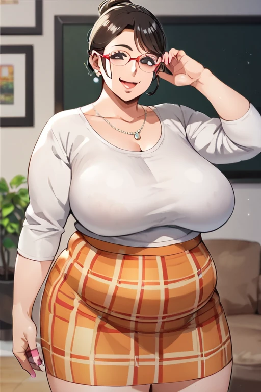 masterpiece, best quality, purah, red glasses, hair ornament, sleeveless shirt, black skirt, orange leggings, high heels, sitting, from front, looking at viewer, smile, wide hips, thick thighs, huge ass, chubby, cleavage, mature mom,