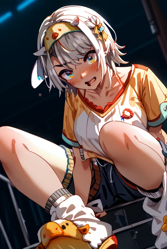 High quality、16 km race、anime screen capture、(((NSFW)))、(((bukkake)))、Lori、low length、(((smaller breasts)))、(obesity)、(thick thighs)、(Pink hair)、(((Wavy Hair)))、Ahoge、(Barrette)、 (short hair)、bob cut、(dripping sweat)、:o、(((wavy mouth)))、(Mouth wide open)、((Orange eyes))、white sleeveless shirt、Pink ribbon、yellow ruffle mini skirt、light blue striped knee socks、Light blue striped panties、yellow headphones、big ass、(cat pose)、(((((embarrassing)))))、Hands behind the head、both armpits、idol costume、on the light up stage、sitting on the floor、legs spread、