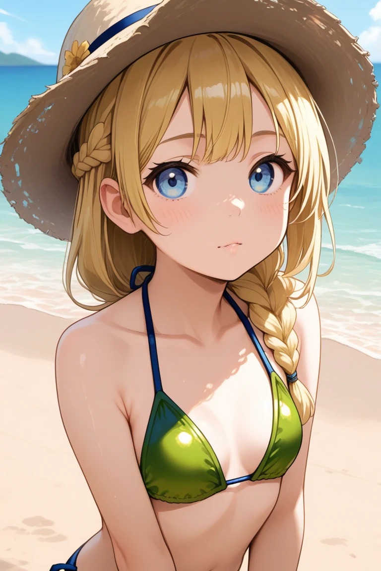 (masterpiece), best quality, perfect face, beach background, clothes((frilly, bikini, yellow bumblebee)), short blonde hair, looking at viewers, big , looking at viewers, front facing, front view, happy face, perfect shaped beautiful body, ultra realistic detailed green eyes ,thick waist, realistic ,sunflower on her head