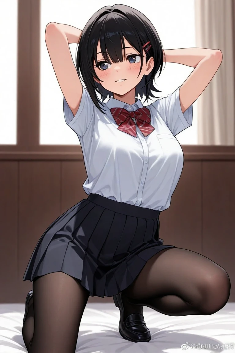 Smiling boyish girl in black sneakers on bed School uniform、Black spats、skirt by the、Punch et al、small tits、twinks
