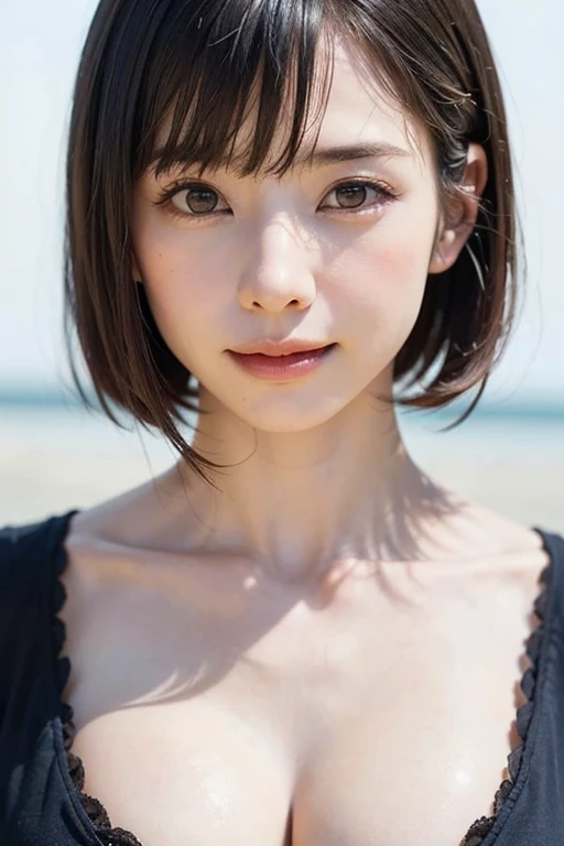 女の子1人、top-quality、realisitic、report、depth of fields、natural soft light、during daytime、魅惑的、beauitful face、Cleanliness、Pure face、de pele branca、cute hawk hair、bangss、the beach、rays of sunshine、Nedium Breast Body Esbian、((Beautiful face with sweater golden ratio Beautiful face with symmetry))、long neck、Put your ears out、Clean short bob hair with bangs、Smile with your mouth closed:1.4、Smile with your mouth closed:1.4、Perfect fingers、perfect hand、Perfect body、face perfect、Shine a light into the eyes、Perfect Anatomy:1.4、very cute super model:1.4