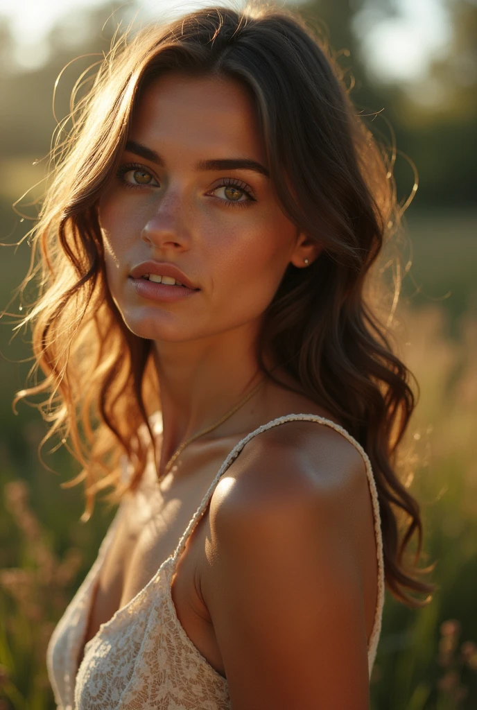 attraktives model im Kornfeld mit Bikini, Braunes Haar, attraktive Pose, Sonne von hinten, attraktiver Blick