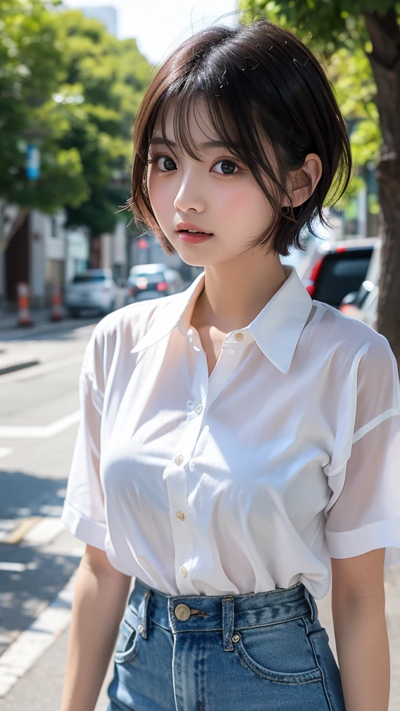 masterpiece, beautiful, a Japanese woman with smile, realistic, cosplay セーラー服 as high school girl, curly black short hair, realistic skin