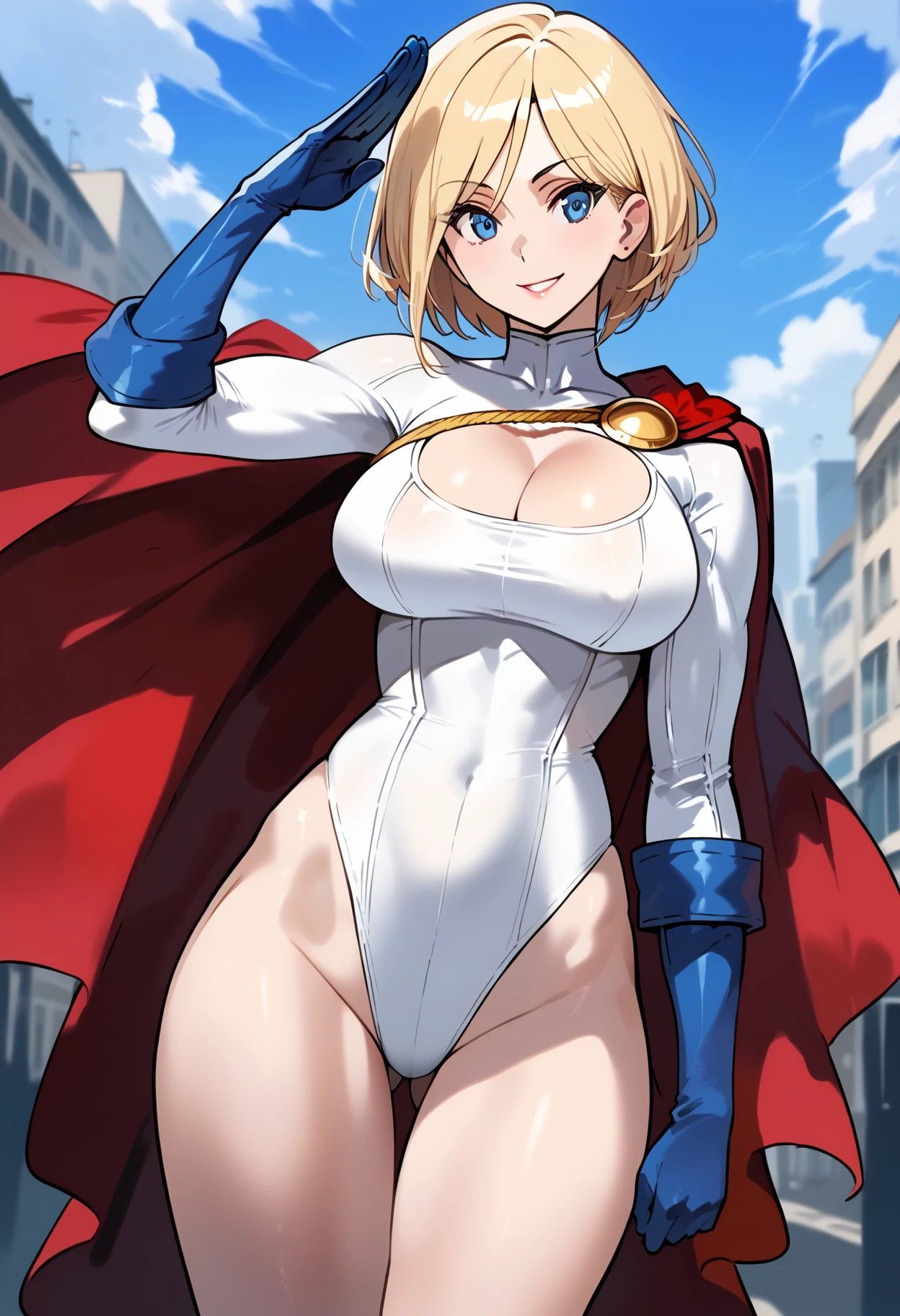 masterpiece, best quality,1girl,<lora:heart_hands-08:1>, heart hands, spread legs, <lora:powergirl-nvwls-v1:1>,cape, leotard, cleavage cutout, long sleeves, blue gloves, red belt, blonde hair, sky, city, clouds,smile, blue boots