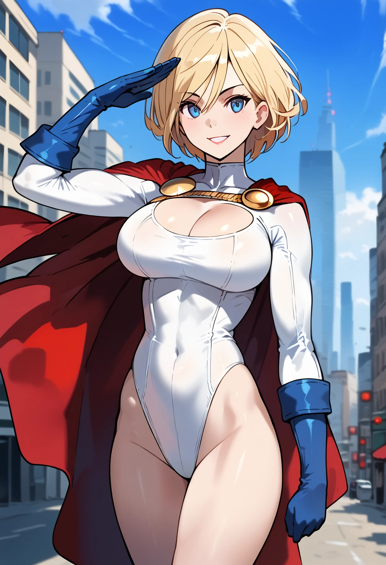masterpiece, best quality,  pwrgirl, cape, leotard, cleavage cutout, long sleeves, blue gloves, red belt, gigantic breasts, city, looking at viewer, cowboy shot, seductive smile, hand to hip, curvy, blonde hair, blue eyes