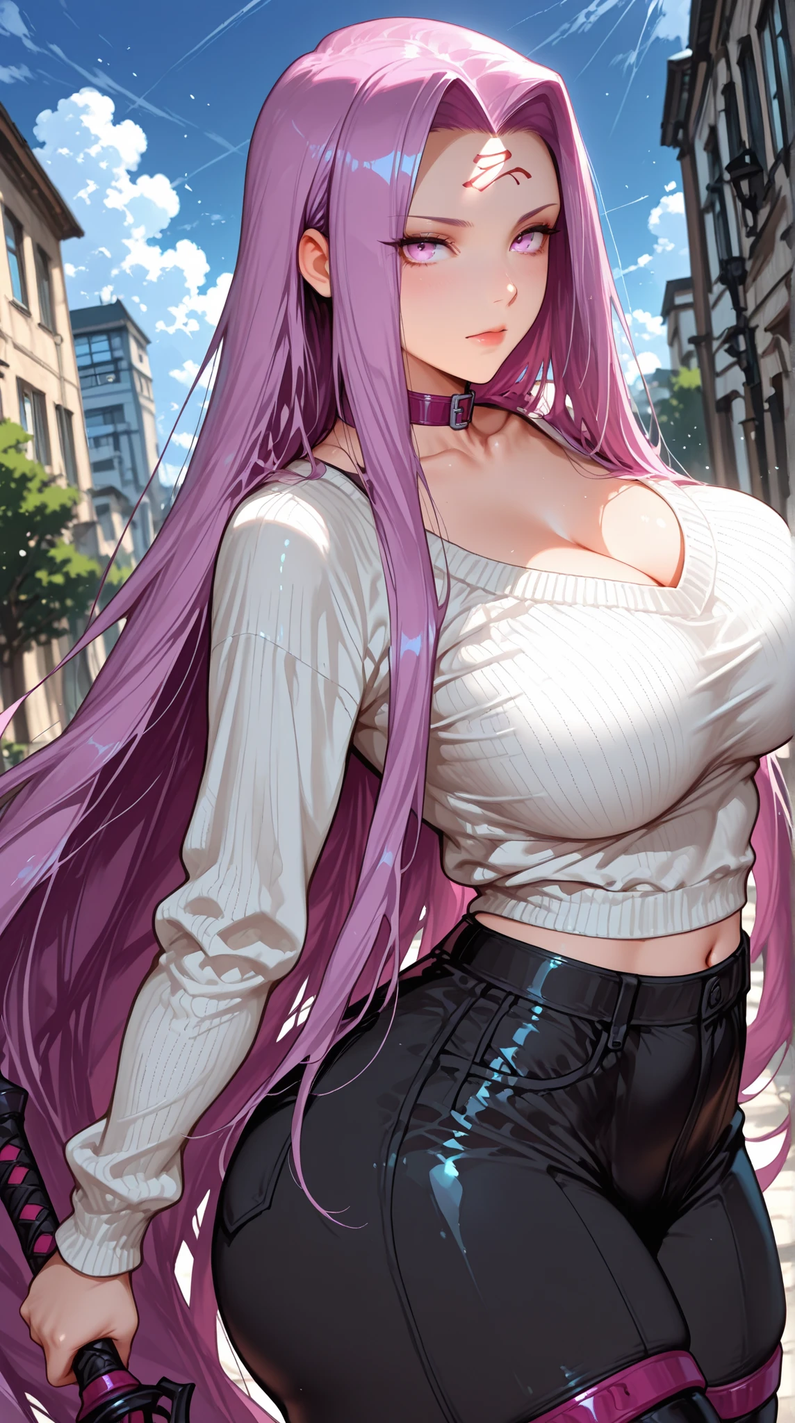 1 girl, red-purple hair, very long hair, violet eyes, beautiful eyes, big eyes, big lips, glossy lips, very curvy body, big breasts, long legs, big butt, wide hips, thick thights, defined image, seductive gaze, croptop, skinny jeans, sunny day