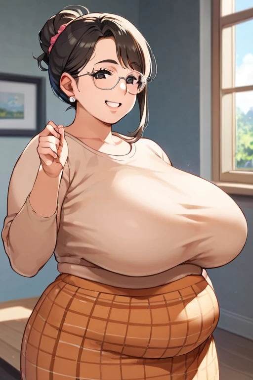 A Cute Young Girl, with (Lush, Medium Length Hair), ((Dark-Brown Hair)), (Big Beautiful Brown Eyes), Absolutely Enormous Breasts, Thick Thighs, and is slightly Plump. Wearing an ((Off-white sweater)), a ((Cute Green Pleated Skirt)), and (Black Square Glasses, with a Thick Frames). Inside a Modern House, with wood paneling on the walls.