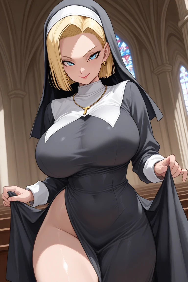 ((thick body mature women age 40 American milf super model))2 women wearing lingerie nuns robe standing open door, looking at viewer smiling, hands on breasts, (((patterned panties, spread legs, nipples, bra)))