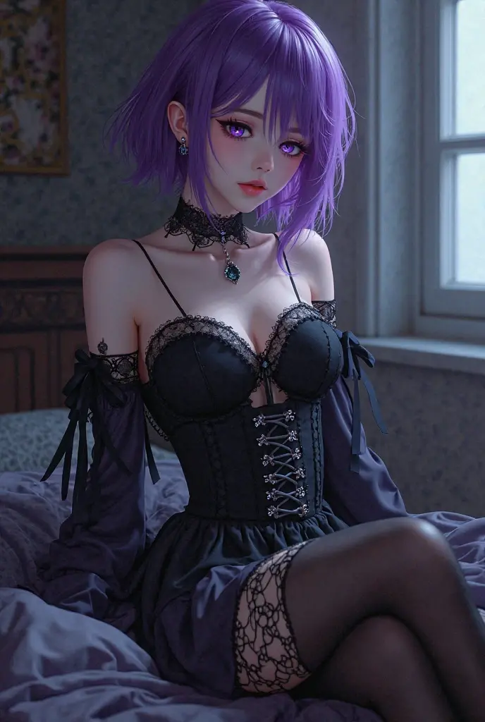 ,topaz eyes, (small breast:1.5), dress, thighhighs, (sexy standing on knee:1.2), masterpiece, best quality, ultra-detailed, illustration,(1girl), (beautiful detailed eyes, short hair, hair over one eye sweaty body, seductive face, smile, jewelry, floating hair, earrings, necklace, seductive face,(nurce outfit or skymfy clothes, white, red or beige dress,clothes, ((purple hair))) ((undressing one of part underwear herself in front of an viewer,from below to up view,dynamic angle, erotically straight standing on knee capturing the moment when her clothes are lowered)). ((masterpiece)), ((best quality)), ((highest quality)), ((ultra-detailed)), ((8k cg wallpaper)), ((extremely delicate and beautiful)), ((illustration)), (high resolution), ((extremely beautiful detailed anime face))((extremely detailed game cg characters eyes))((Masterpiece, 4k, 8k, highres)), bed by large window, bedroom, shadowplay emphasizing beauty, artistic composition. apartment, large window, city background, (night:1.2), (city at night, buildings, neon lights, (noir, dark:1.3), skyscraper, top floor, penthouse, lounge:1.3), best quality, ultra detailed,p (best quality,highres,masterpiece:1.2),ultra-detailed,(realistic:1.37)slightly sweat glistening on her body,gentle warmth,dark and mysterious, masterpiece, best quality, ultra-detailed, illustration, bedroom alluring bedroom setting, dark and moody lighting, seductive ambiance, soft and sensual color tones, silky-textured fabric, detailed cloth draping best quality,4k,8k,highres,masterpiece:1.2),ultra-detailed,(realistic,photo-realistic:1.37) vibrant color