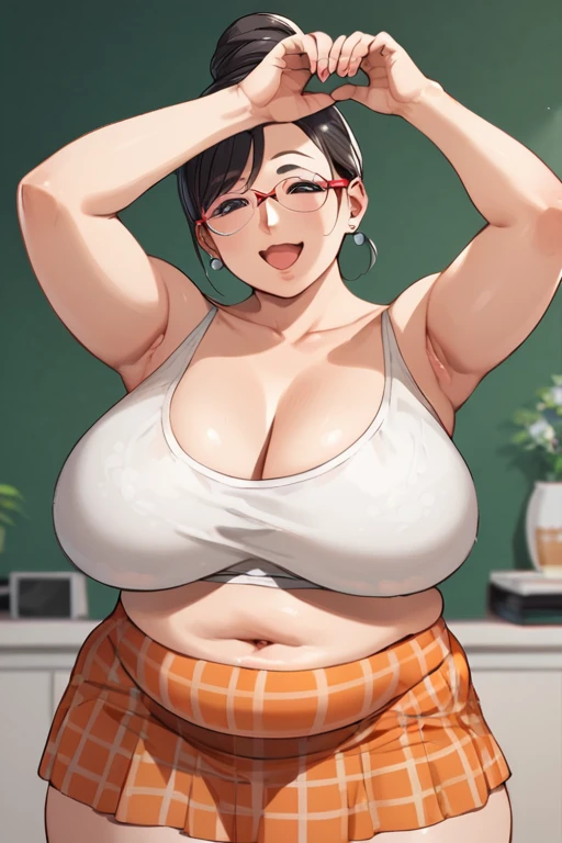 (1milf, solo), sitting, (sleeveless, white nurse uniform, nurse cap), French twist updo, embarrassing big smile, (masterpiece, best quality), delicate illustration ultra-detailed, sagging huge breasts, (in hospital, nurse center, counter desk), ((showing hairy armpit hair)), thick makeup, upper body only, sweating, hand behind head, laptop, stomach hair, dark hair, bukkake, cum shot, reception atmosphere, realistic