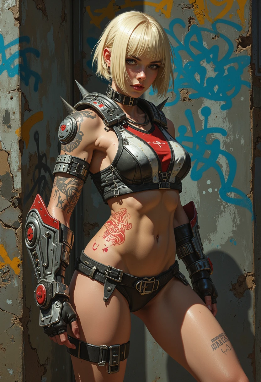 top quality, 32K, masterpiece, super fine illustration, High Resolution, 1 cheerful beautiful girl 20 years old good body structure, double white skin fine details, Bob Shorthair, cyberpunk fighter , Brooklyn Gladiator, ((Bob Shorthair )), Short Pants, Tattered Football Team Shirt, Nearly Nude in Simon Bisley's Urban Savage Style, Black Hair, Big Boobs, Guard by metal on left arm with intricate graphics, Dark red with white stars and blue and white stripes, Armor, Full of heads and studs, Poison tattoo ((Image from knee up))), Behind There is a wall with an intricate design painted by Shepard Fairey.