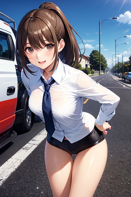 NSFW, road, woman walking naked, collar, blushing, teary eyes, sweat, vaginal fluid, erect nipples, shot from a distance