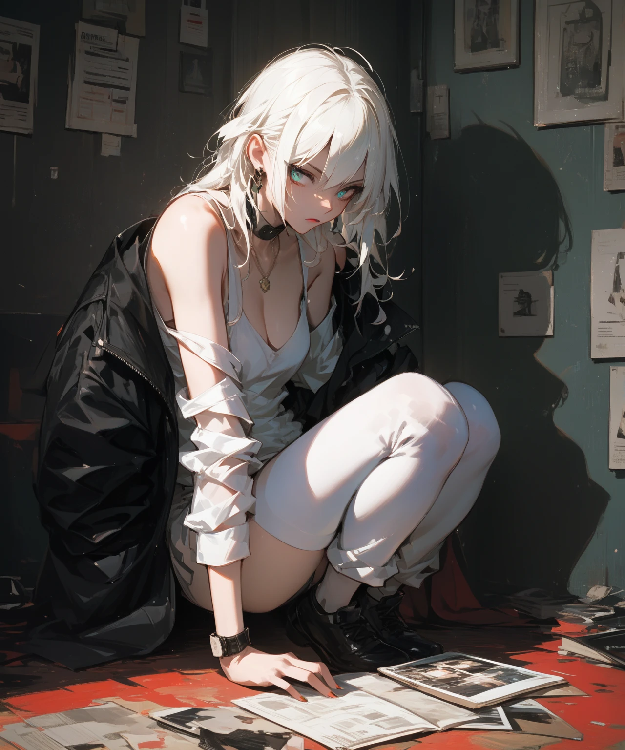 Woman wearing a black top and jeans sitting on a chair, Baggy pants, Wearing long, loose clothing, Wearing long, loose fabric, Casual clothing style, Acid cleaning layer, wearing a baggy, Layering, Silver and muted colors, Relaxed style, Grey clothes, pants, baggy, Grey Skin. Grunge, styling