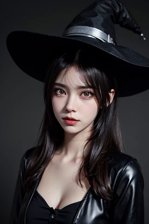 Mikasa, 19 year old young woman, Best quality, High resolution, Short hair, Black eyes, witch outfit, witch hat, looking at viewer, beautiful,small breasts, visible nipples, Highest quality, high resolution
