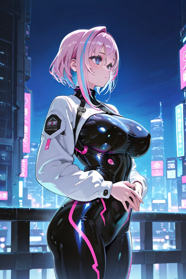 girl spacepunk,(((1girl))),((beautiful girl with cute pink hair)),
(large breasts:1.4),saggy breasts,((pink hair,pink messy hair,colored inner hair,short hair:1.5,absurdly short unkempt hair:1.35,short pink hair,ear breathing,intricate cut hair,((short hair tied up)))),(((pink_eyes:1.3))),intricate eyes,beautiful detailed eyes,symmetrical eyes,((fat)),(((lustrous skin:1.5,bright skin: 1.5,skin tanned,shiny skin,very shiny skin,shiny body,plastic glitter skin,exaggerated shiny skin,illuminated skin,wet legs))),(spider lower abdomen,narrow waist,wide hip,athletic body,inflated legs,detailed body,(detailed face)),
cute,slutty,seductive,erotic,(((nsfw))),
zettai ryouiki,revealing clothing,show skin,((underboob:1.5)),(cleavage),(semi-naked,with little clothing),((tiny micro thong:1.3)),(visible thong straps:1.3),(((tiny futuristic white spandex suit,long sleeve, zipper crop suit, zipper slightly unzipped))),((heavy boots over the knee, white boots)),((micro superhero suit,military patches)),(((white clothes, white outfit, wet clothes,intricate outfit,intricate clothes))),
(dynamic pose:1.0),solo focus,embarrassed,(centered,scale to fit dimensions,Rule of thirds),
cyberpunk city by the ocean at night, with bright neon signs and dark stormy clouds and puddles, scenery:1.25,starry night, cosmos,
artistic photography,(photography taken by sldr),highres, sharp focus, (ultra detailed, extremely detailed), (photorealistic artwork:1.37),(extremely detailed CG unity 8k wallpaper),((synthwave background theme)),(((vibrant colors))),(intricate background),(masterpiece),(best quality),