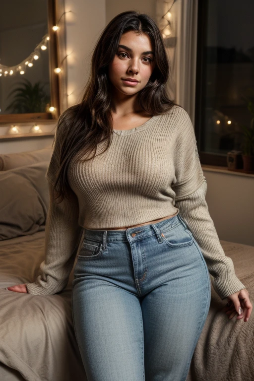 Masutepiece、highest qualityr、high resolusion、Eleonora Pavinato, , Younger headshot in room sweter z dużym dekoltem you can see big breasts Beautiful bust girl Black hair Bun hair Beautiful firm breasts are comb big oczami seksowna, sentada en la cama.open crotch