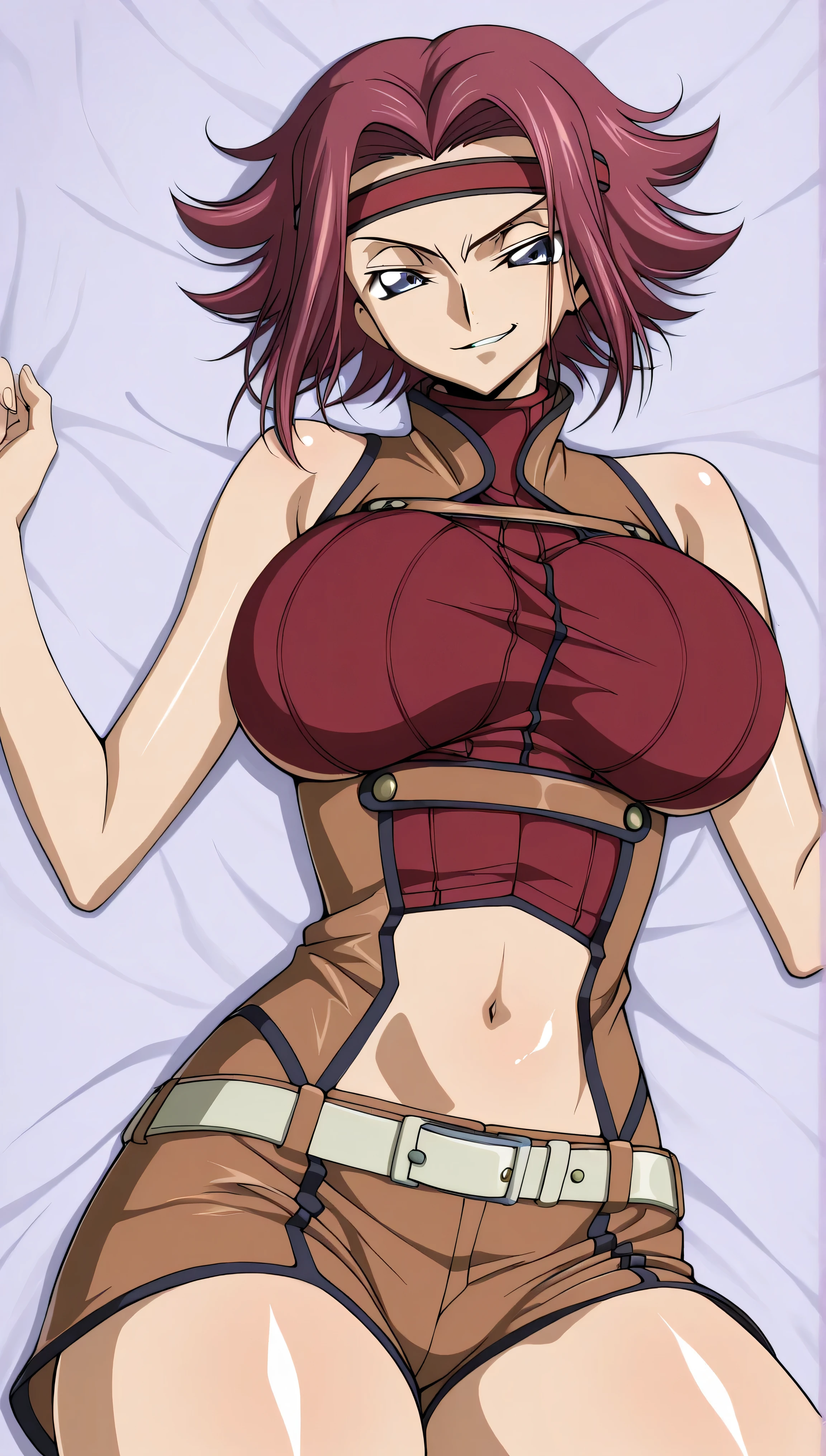 code gias: Lelouch of the Rebellion/Kallen Stadtfeld, blue eyes, Red hair, short hair,
Red hair, Spike Hair, short hair, side lock, blue eyes, Red Headband, bare skin shoulders, red turtleneck from above, sleeveless turtleneck on the back, Brown Jumpsuit, , belly button, White Belt, Brown Shorts, , Red thighs,, ,, stare at viewers lying down, , (shiny skin:1.7), cowboy shot, ,,big boobs,big thighs,,(smirk:1.5),stare at viewers lying down,anime style,High Quality,masterpiece,very detailed,0bc1w,1girl,solo,belly button,short pants,