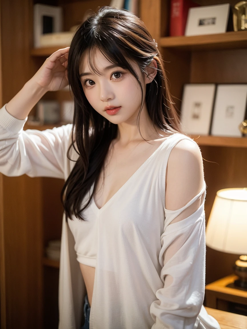 ​masterpiece、1 girl per 1 photo、Hotel bedroom、Sleeping in bed、 (13years old、Extremely beautiful face, natural make up)(fair white skin)(sparkly eyes)、bright expression、blushing cheeks、a blond、（White knee-high socks）((I can see the cleavage、White off-shoulder shirts、Long length))shiny lip、Short bob hair、Hair hanging over the ears、Glossy and smooth,brown hair、 asymmetrical bangs、8K resolution、high detal、detailed hairstyle、A detailed face、beutiful breast、Beautiful valley、thin-waist、big butts、rendering octane、ultra-realistic、Perfect limbs、perfect anatomia、face lightedium full shot from above、(Angle up to the knee)