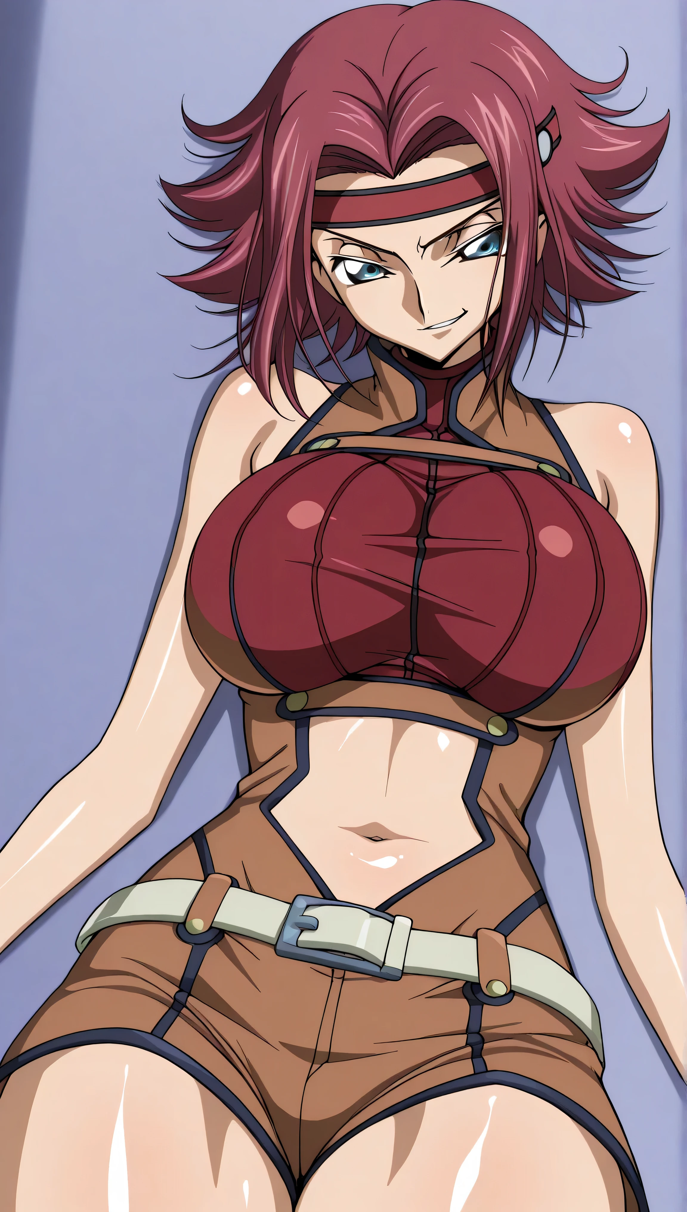 code gias: Lelouch of the Rebellion/Kallen Stadtfeld, blue eyes, Red hair, short hair,
Red hair, Spike Hair, short hair, side lock, blue eyes, Red Headband, bare skin shoulders, red turtleneck from above, sleeveless turtleneck on the back, Brown Jumpsuit, , belly button, White Belt, Brown Shorts, , Red thighs,, ,, stare at viewers lying down, , (shiny skin:1.7), cowboy shot, ,,big boobs,big thighs,,(smirk:1.5),stare at viewers lying down,anime style,High Quality,masterpiece,very detailed,0bc1w,1girl,solo,belly button,