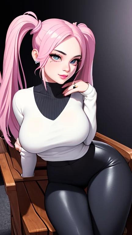 ((masterpiece, best quality, ultra-detailed, ultra-HD, photorealistic, cinematic)), ((alluring Korean female, thicc)), (surrealism), (medium shot, from front:1.4), perfect body, sexy body, perfect face, perfect hands, detailed hands, delicate face, (bursting breasts), long round legs, (wide hips), (long colorful hair, straight hair:1.3), (wearing a high neck sweater:1.5), (wearing tight panty), (sensual pose), (gradient background:1.3), brown eyes, detailed pupils, deep red lips, blushing, slightly parted lips
