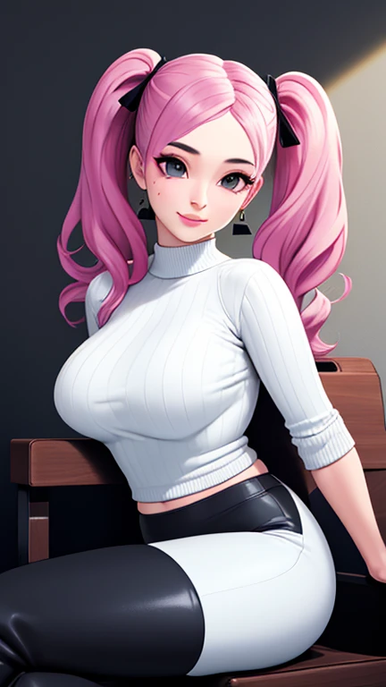 Sucking on pink lollipop, lollipop in mouth, pink hair ,glossy lips, earrings, thong peek, thong wedgie between labia, transparent pleated skirt, transparent crop top, underboob, belly button,  black thigh-highs, black elbow gloves, evil smile, looking down on viewer, sitting down ,legs spread, upskirt, night sky background