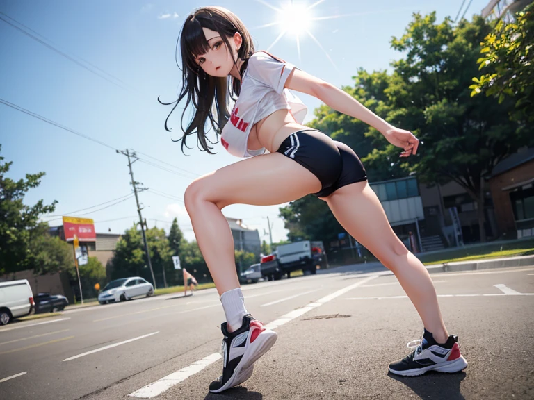 Arad women in white shirts and pink skirts squat on the road, wearing tight simple clothes, smooth white tight clothes suit, photo of slim girl model, photo of slim girl, fit dainty figure, Good hips and long legs, tight costume, xintong chen, Sporty, cute sportswear, xision wu, 2 4 year old female model