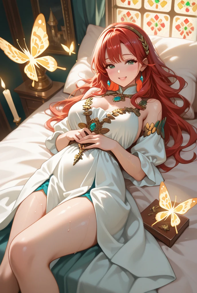 Realistic image, detailed image, coherent image. 1 beautiful elf. dressed in a transparent nightgown. She has long, curly orange hair, styled in a ponytail. Green eyes with long eyelashes. Sensual expression. She has rabbit ears and tail. She has a curvy body, medium breasts, thick thighs. She is sitting cross-legged. She is in a penthouse on a starry night. View from above. Arching her back. Soft focus, Dramatic shadows, Volumetric lighting, natural lighting. ISO:100, F1.4, --equals 2