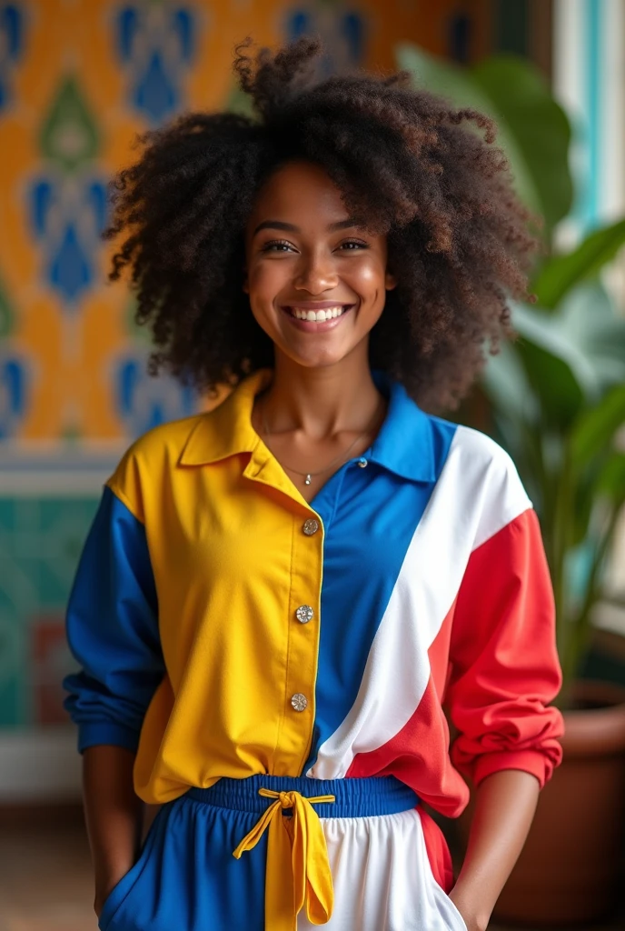 Draw a portrait of a graphic designer wearing a Mauritania flag and with red eyes smiling