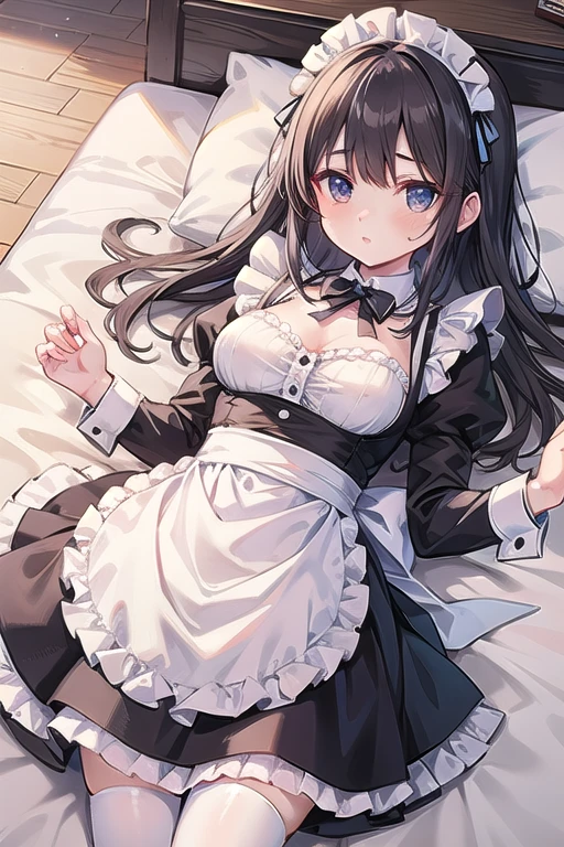 Black Cat、Cat girl、Maid costume、Amber eyes、On the bed、Shy