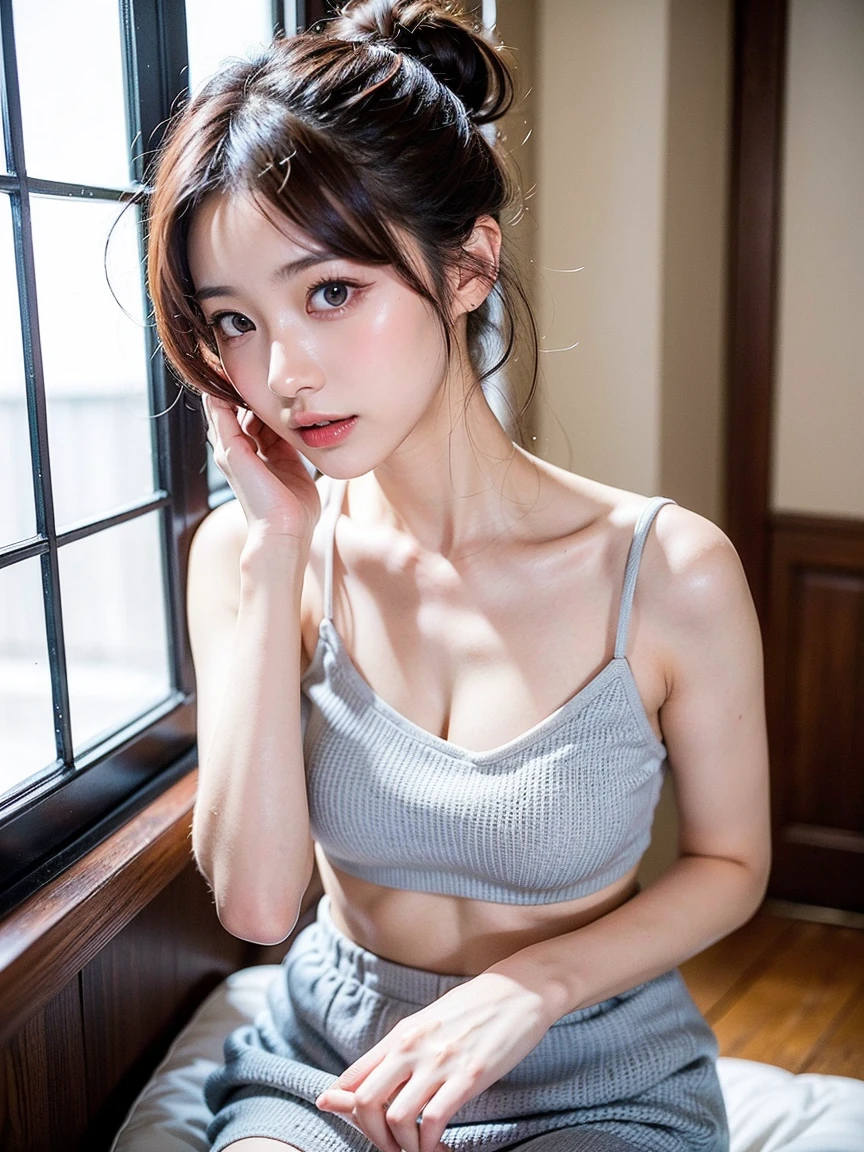 Highest quality, masterpiece, Ultra-high resolution,8k, (Realistic:1.6), (Face-to-face selfie portrait) ,(Nude soft looking medium breasts)),(Realistic breast texture:1.4)),((Nipples seem to be visible)),RAW Photos, 1 girl,(Full of smiles, Showing teeth)), 22 years old,((Korean Idol Fashion)),((Pleated mini skirt uniform and Uniqlo bra top)),((top ponytail hair)),((Boobs Focus:1.4)),((Taken from above with a fisheye lens:1.4)),