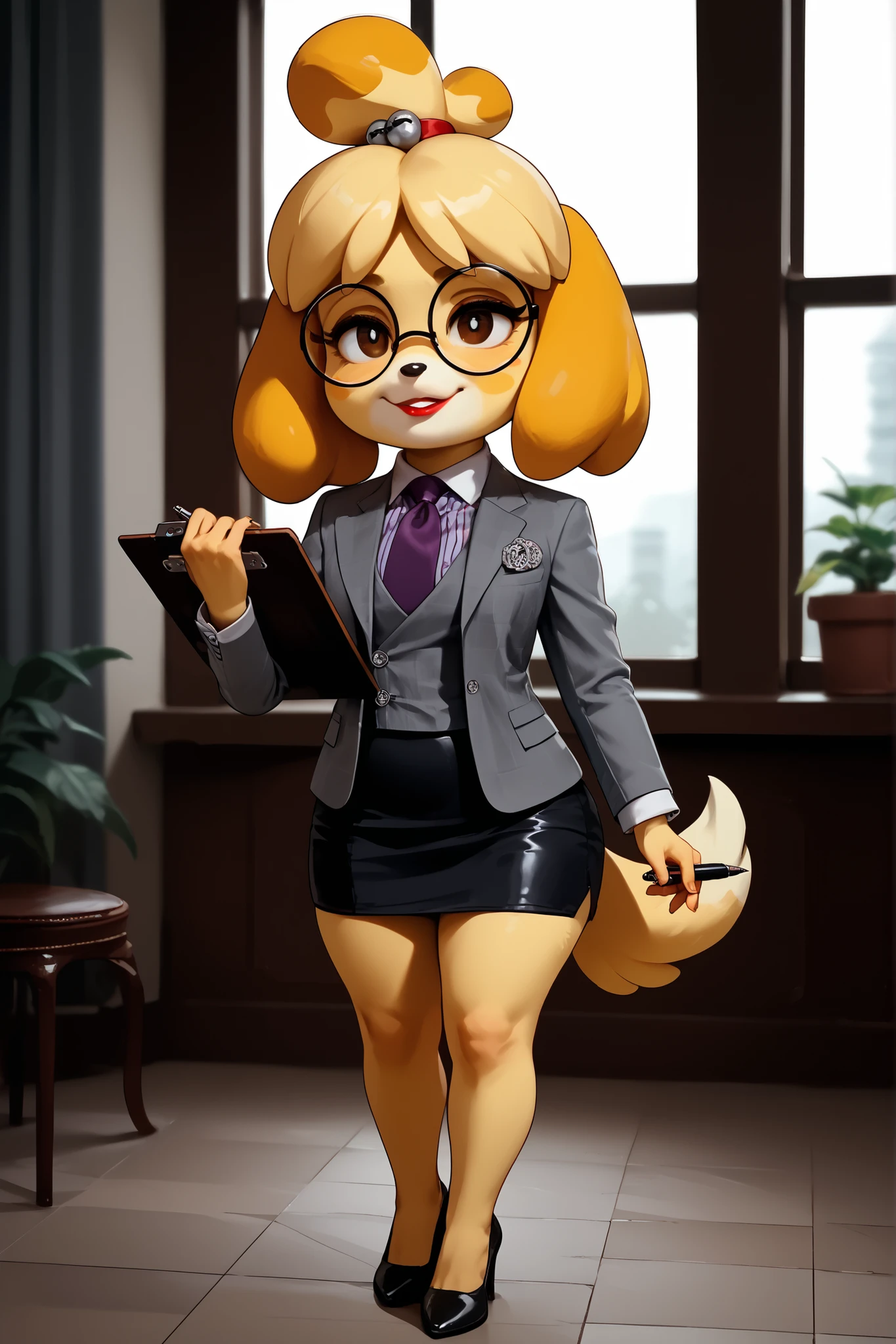 score_9, score_8_up, score_7_up, score_6_up, source_anime, three-piece suit, 1girl, thin-frame round glasses, formal, jewelry, suit, purple necktie, earrings, jacket, (((grey waistcoat))), shirt, window, (((grey jacket))), striped shirt with white collar, (black leather skirt), makeup, Score_9, score_8_up, score_7_up, high heels, white collar and cuffs
isabelle \(animal crossing\) , cute, source_furry, standing, (((holding clipboard and pen))), shortstack, big head, tail, smirk, dynamic pose, lipstick, seductive, louboutin heels, stilettos, elegant pose