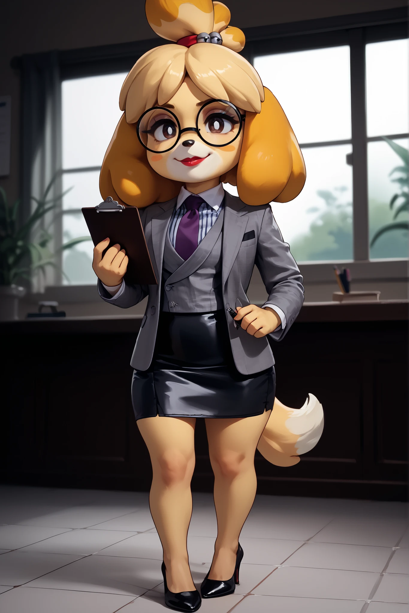 score_9, score_8_up, score_7_up, score_6_up, source_anime, three-piece suit, 1girl, thin-frame round glasses, formal, jewelry, suit, purple necktie, earrings, jacket, (((grey waistcoat))), shirt, window, (((grey jacket))), striped shirt with white collar, (black leather skirt), makeup, Score_9, score_8_up, score_7_up, high heels, white collar and cuffs
isabelle \(animal crossing\) , cute, source_furry, standing, (((holding clipboard and pen))), shortstack, big head, tail, smirk, dynamic pose, lipstick, seductive, louboutin heels, stilettos, elegant pose