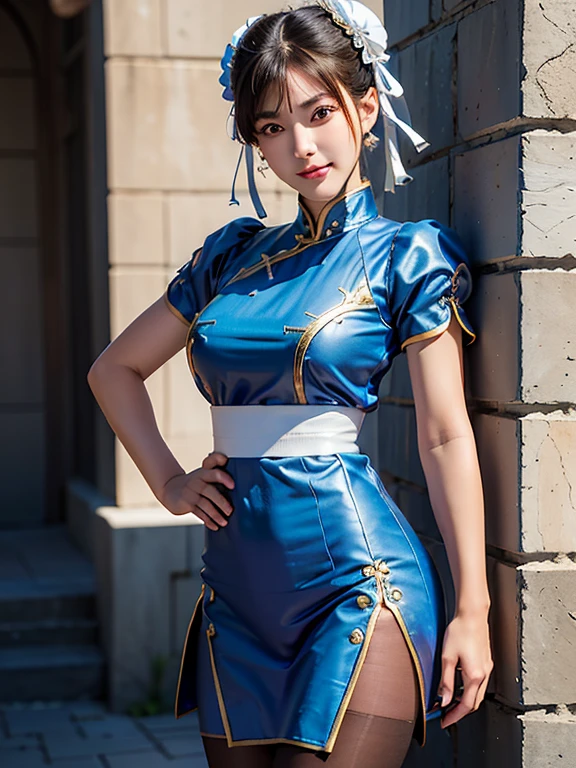 Highest quality, masterpiece, super high resolution, (photorealistic: 1.4), raw photo, Hot Chun-li wearing blue clothing with gold details, in front of an old Chinese house. warm body, camel fingers, detailed face, realistic, highly detailed.