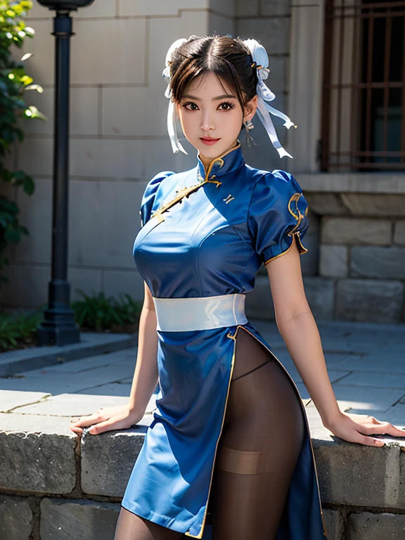 1girl, sf2 chun, 25 years old girl, brown hair, wide hips, medium breasts, muscular female, perfect brown eyes with white sclera, chinese clothing, blue dress, double bun, pelvic curtain, pantyhose, bun cover, puffy short sleeves, sash, white footwear, fighting pose, (blue dress:1.2), (ultra detailed), (8k, intricate), (85mm), light particles, lighting, full body, in a chinesse garden, (highly detailed:1.2), breast focus, (detailed face:0,8), (gradients), sfw, colorful, (detailed eyes:1.5), (detailed background), (rule of third_composition:1.3), (Line of action:1.2), daylight, solo.