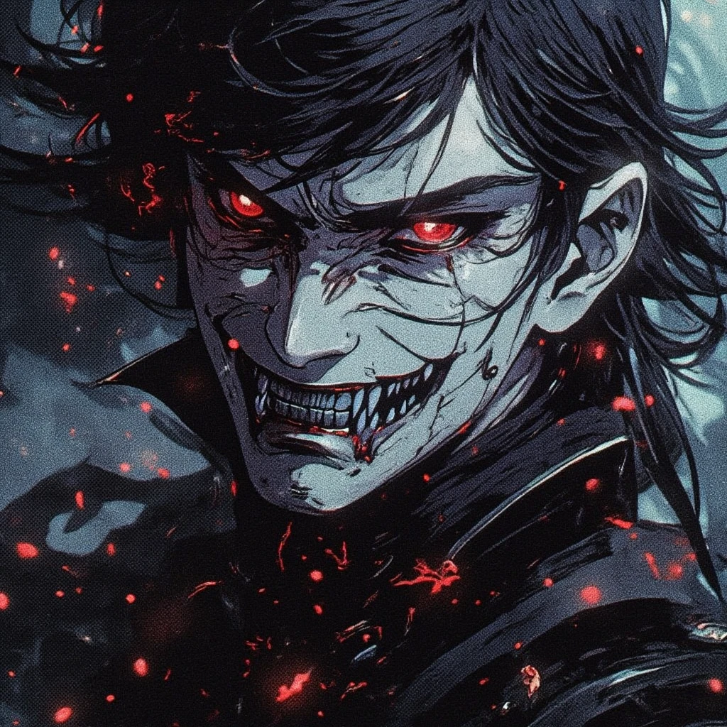an evil looking man, with a scary smile and intense red eyes. The background should be dark and gloomy, a mysterious and unsettling atmosphere that aligns with the phonk style."