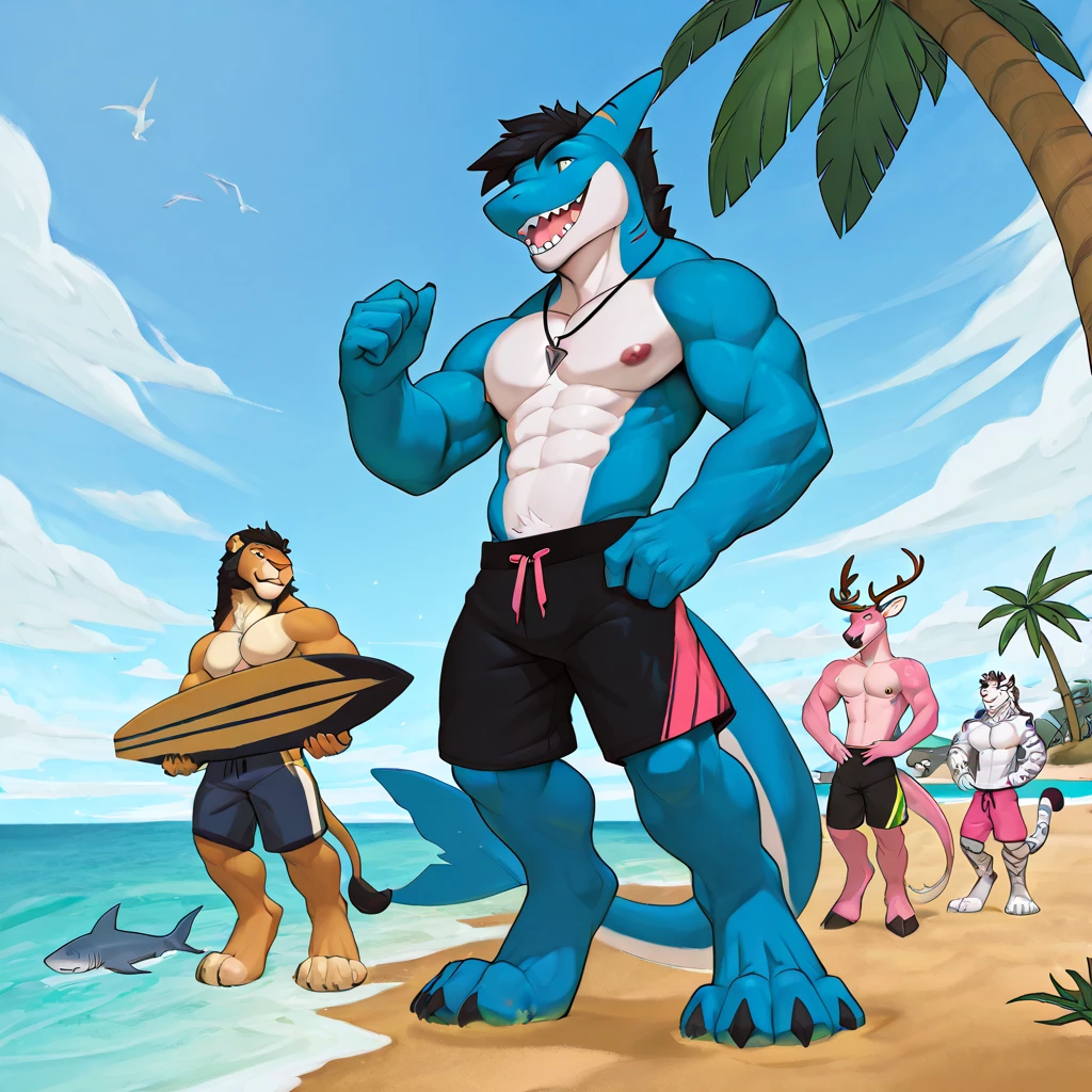 score_9, score_8_up, score_7_up, anthro shark, dancing, Gangnam_style_dance, tribal tattoos, bald