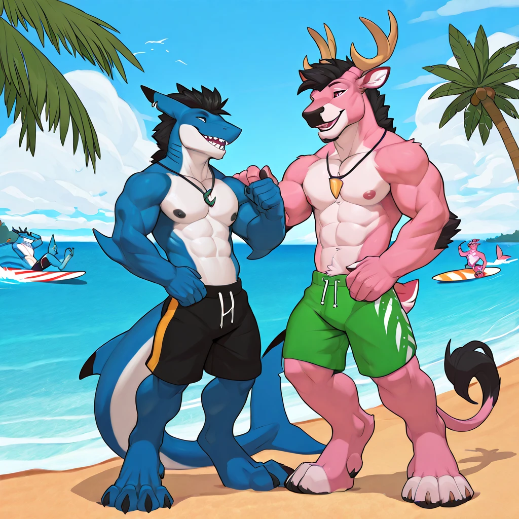 4k, high resolution, best quality, perfect colors, perfect shadows, perfect lighting, posted on e621, furry body, solo, anthro gray wolf, punk rock features, wearing a spiked collar, wearing spiked wrist cuffs, short neat light blue mohawk, (anatomically correct wolf tail, detailed fingers, male, (middle-aged, mature:1.2), (heavily muscular, beefy, massive, manly, masculine:1.4), correct anatomy, (photorealistic fur, detailed sweaty fur, epic, masterpiece:1.2), (big modern gym background), (by Chunie, Bonifasko lighting), (naked, silver nose ring:1.4), silver earrings, detailed blue eyes, detailed penis, nude, anatomically correct wolf penis, He is is partying at the beach amongst other furries and starts walking toward a group of girls, everyone could tell he'd been drinking quite a bit, not just from the longneck bottle he clutched in his hand, but the way he walked, he'd been getting good and drunk and rowdy... He was a party animal in the truest sense, and he was naked as ever.. Not unusual for him. Everyone who knows him knows he's the kind of male who parties with his clothes off... Not only was he visibly drunk, he was visibly horny... The big naked wolf walked around with His big dick up, hard as fuck, all fat and throbbing between his legs, looking for pussy... His confident, albeit tipsy strut showed his breeding tool off with a sultry waggle with each step.. His erection sticking out in front of him as if his whole body were being lead around by the will of his penis... It wasn't just that he had an enormous cock; it was also that he knew how to use it... He knew how to show it off and make women weak in the knees when they saw him walk by, especially when they got close enough to see how thick and juicy it looked.. He walked right up to a couple girls, they were the type of girls who loved skinny-dipping on the beach, and there were plenty of others walking about naked, no shame in being nude or having an erect cock! The two girls started talking to him
