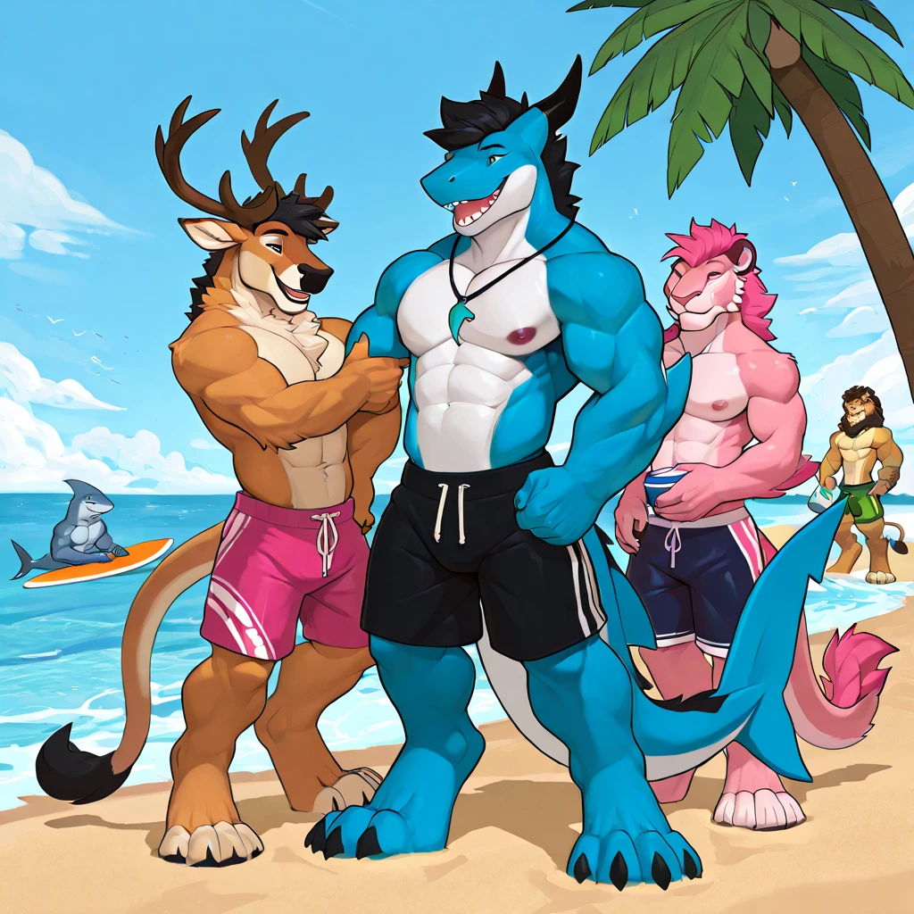 masterpiece, best quality, perfect anatomy,nj5furry,kemono,((thai beach)),island,summer time.summer vibe,((group photo)),((group shot)),cinematic,composition,by darkgem,by meesh,by null ghost,