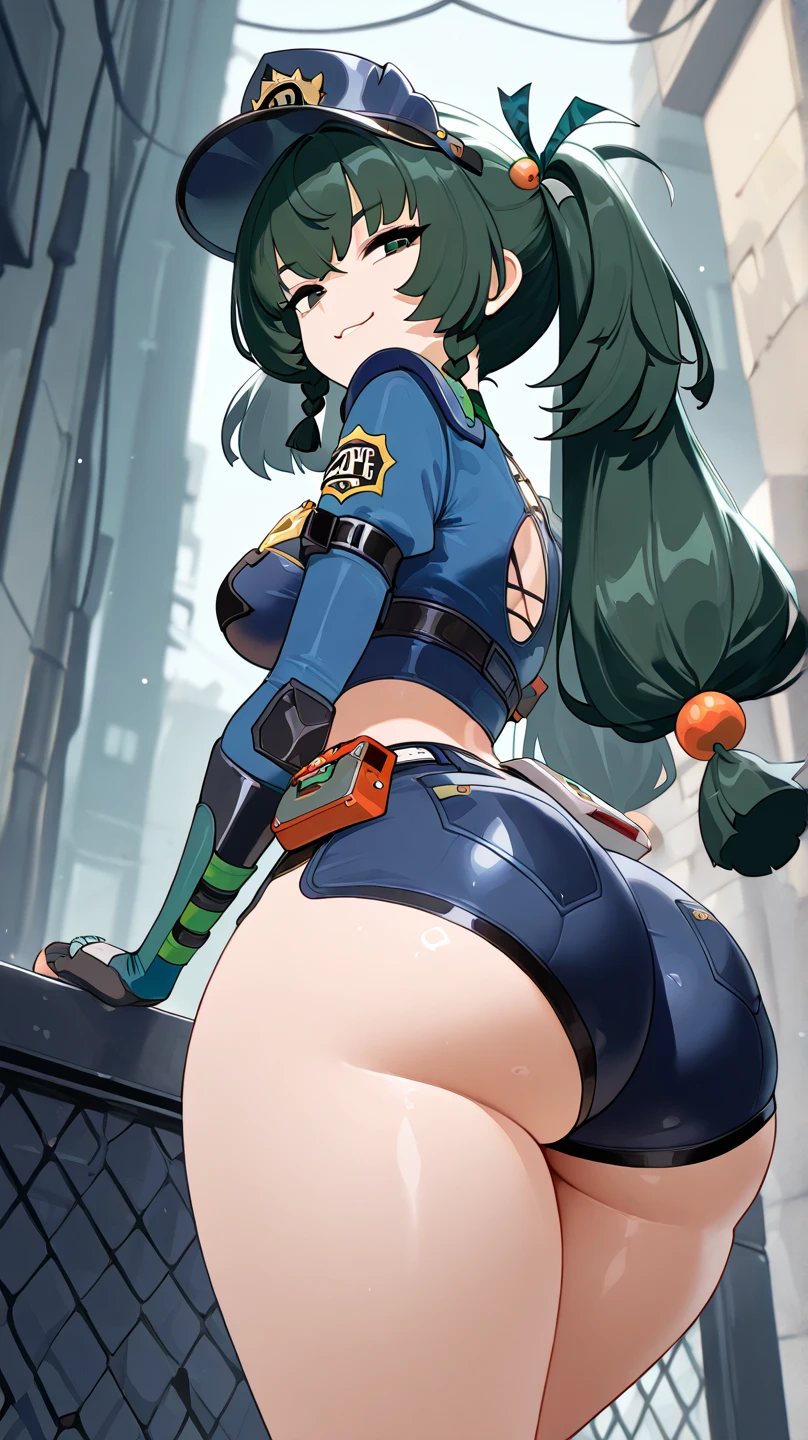 Boku no Hero Academia ((short jeans curto)), a white top and long black socks. She has a muscular body, bunda grande e coxas grossas. Your breasts are big and your belly is defined. She is leaning against a motorcycle. The photo is taken from behind her, emphasizing the butt. She looks back with a slight smile, your red lips attract attention.