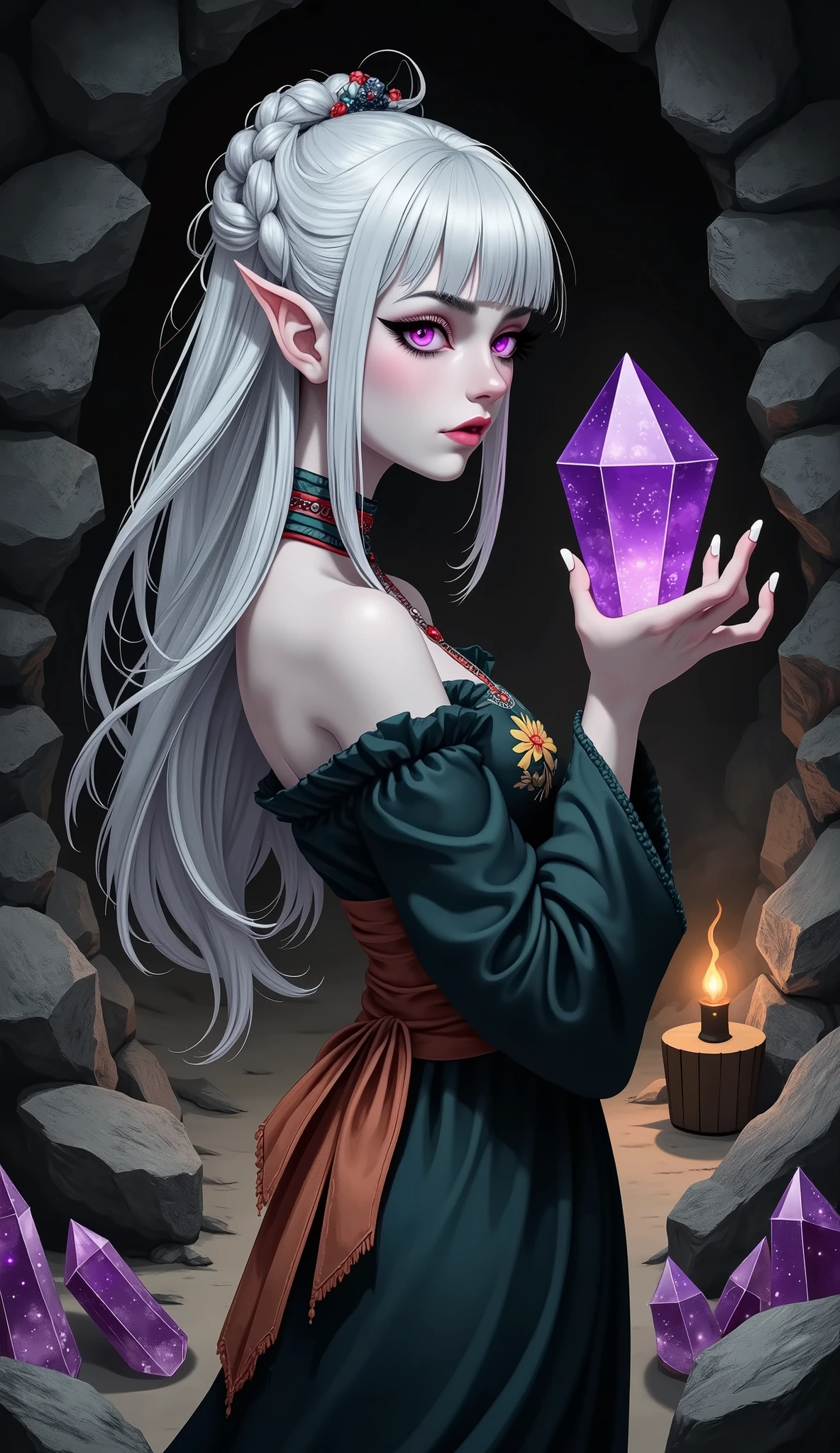 (A fusion of Ukiyo-e and dark fantasy. Aesthetic and gothic digital art. Illustrations are drawn from an oblique viewpoint looking up.) BREAK 
(White hair. Blunt bangs. White eyebrows. Long white eyelashes. Almond-shaped eyes. Lavender eyes. Dark, thick eyeliner. Small pink lips. Slightly pointy ears. Dark purple skin. Thin limbs. Thin fingers. White fingernails. One thumb and four fingers accurately drawn.) BREAK 
(The story takes place in a desolate rocky mine in medieval Asia. A dark, damp space deep underground in a mine shaft. The area is dimly illuminated by the light of a small torch inserted into a hollow in the mine shaft. Crystal and mica crystals of various colors glittered and reflected in the torchlight. A female dark elf wizard, her back turned in a daring pose, reaches out her hand to a large purple crystal and brings her face close to it, examining the crystal's hidden magical power. The crystal emits an ominous reddish-black aura. The woman wears a dark blue beaded choker, a dark green linen smock dress embroidered with yellow mimosa flowers, and a large piece of thin, transparent, orange silk from Indonesia elegantly wrapped around her waist. Thin ribbons of beautiful colors are braided into her hair.)