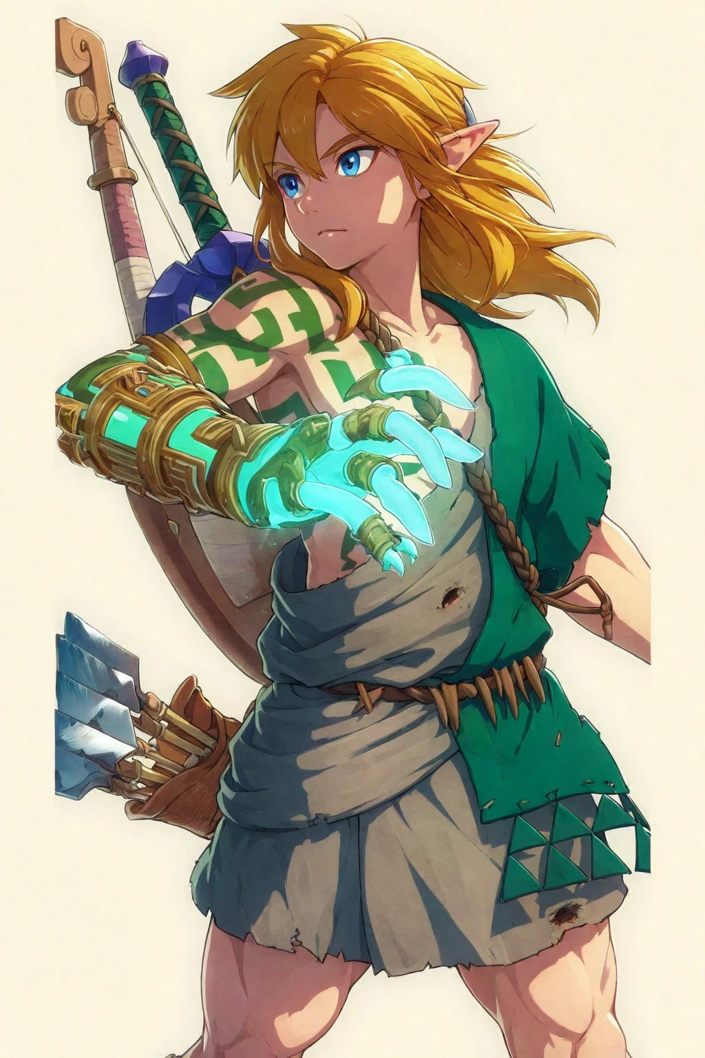 Linkのデザイン、Link、Subjective、looking at the camera、sky diving、male、Light blue outfit、Masterpiece、Highest quality、male体型、Flowing Hair、smile、Simple Background、