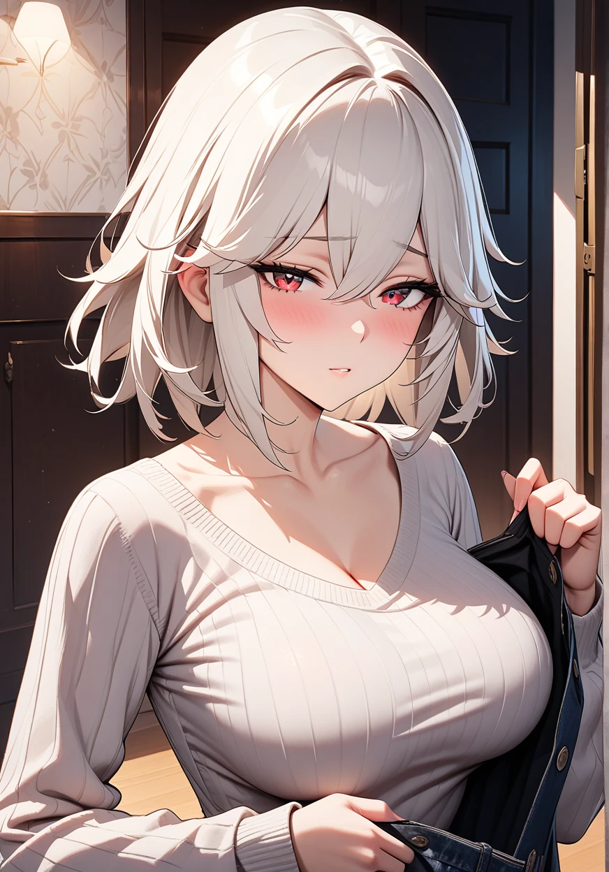 ((Best Quality)), ((Masterpiece)), (detailed), 1 girl, White hair, medium short hair, blue eyes, ceria expression, White T-shirt, black sweater, Red scarf, grey pants, in the city at night, big breasts, big thighs, looking to the right,